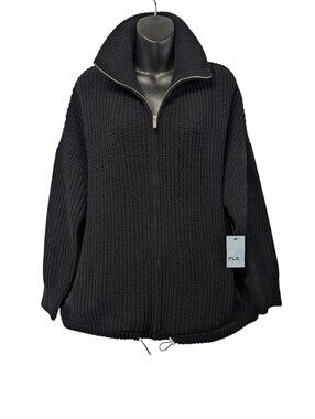 FLX Men's Size Large Black Chunky Waffle Knit Full Zip Sweater Jacket NWT